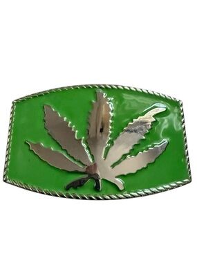 Ganja Leaf Pot Weed Belt Buckle Green and Silver 420 Festival Rave Streetwear